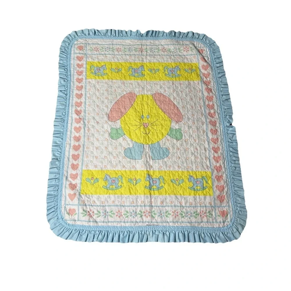 Vintage General greeting Co. baby crib blanket comforter‎ blue fringe